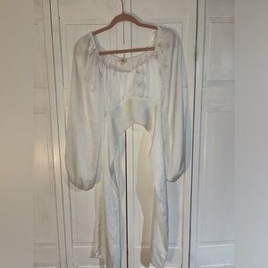 White Balloon Sleeve Crop Top with Tie Back